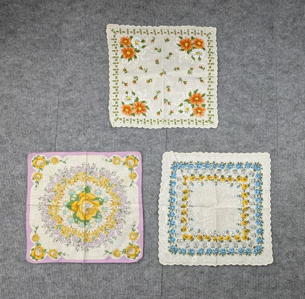 Vintage Tea Towels Lot 3 Floral Handkerchief Cotton Lightweight Cottage Granny